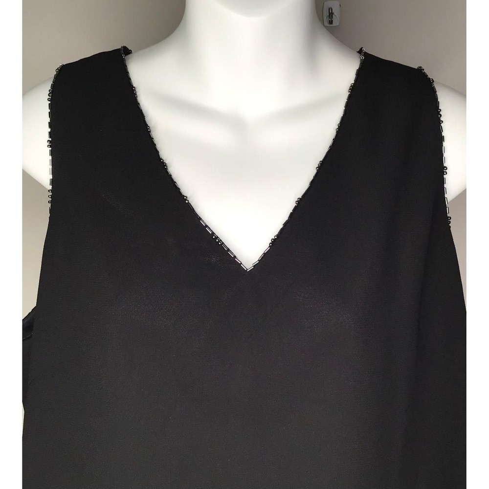 Adrianna Papell Evening Essentials Black Beaded V-Neck Sleeveless Blouse Minimal